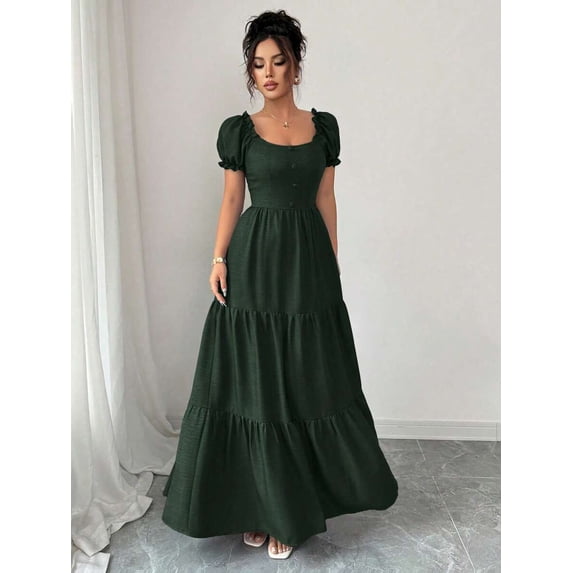 Womens Dark Green Square Neck Tiered Long Dress With Puff Sleeves