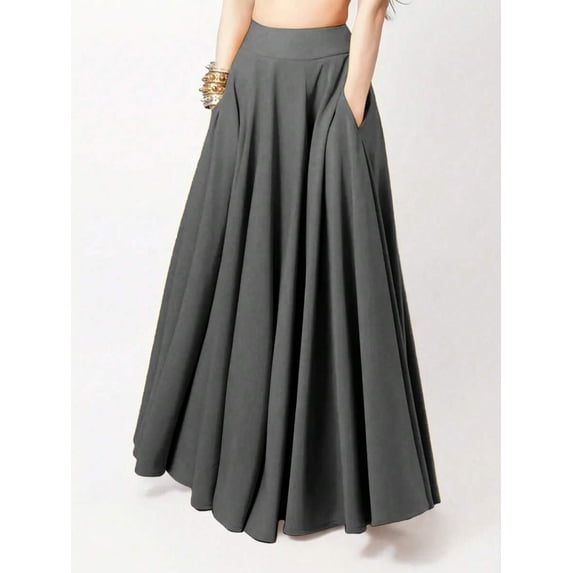 Womens Dark Grey Flowing Maxi Skirt A-Line Casual Solid Color