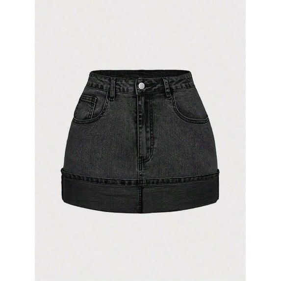 Womens Dark Grey Washed Denim Mini Skirt With Cuffed Hem And Front Pockets