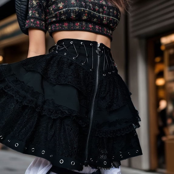 Womens Dark Style Lace Zipper Patchwork A Line Skirt Hiking Skirt Skater Skirts Swimsuit with Skirt Women Ruched Ruffle Skirt Bohemian Skirt Womens Plaid Skirt plus Size Denim Skirt Overall Skirt