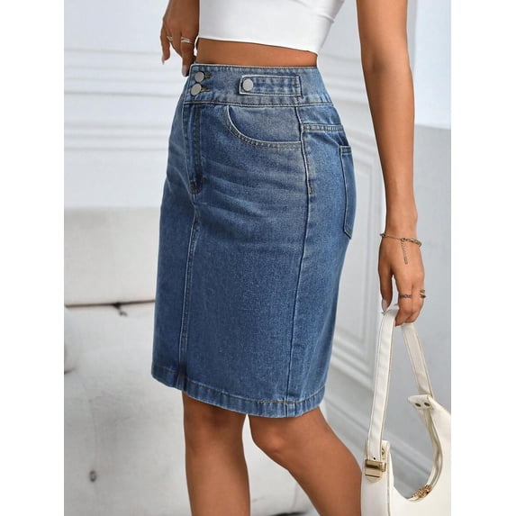 Womens Dark Wash-2 Denim Pencil Skirt Knee Length High-Waisted Casual Fit