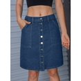 thumbnail image 1 of Womens Dark Wash Denim Button-Front A-Line Mini Skirt With Pockets, 1 of 12