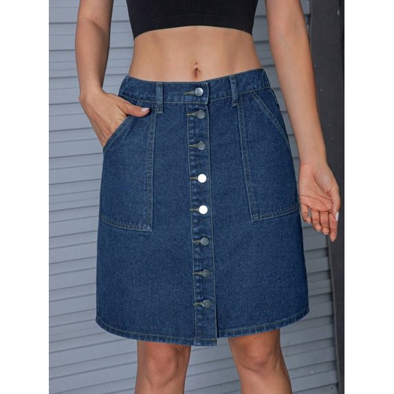 Womens Dark Wash Denim Button-Front A-Line Mini Skirt With Pockets