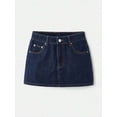 thumbnail image 1 of Womens Dark Wash Denim Mini Skirt, Y2K Style, A-Line Cut, Front Button Closure, 1 of 7
