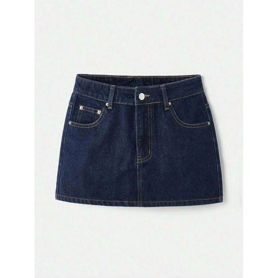 Womens Dark Wash Denim Mini Skirt, Y2K Style, A-Line Cut, Front Button Closure