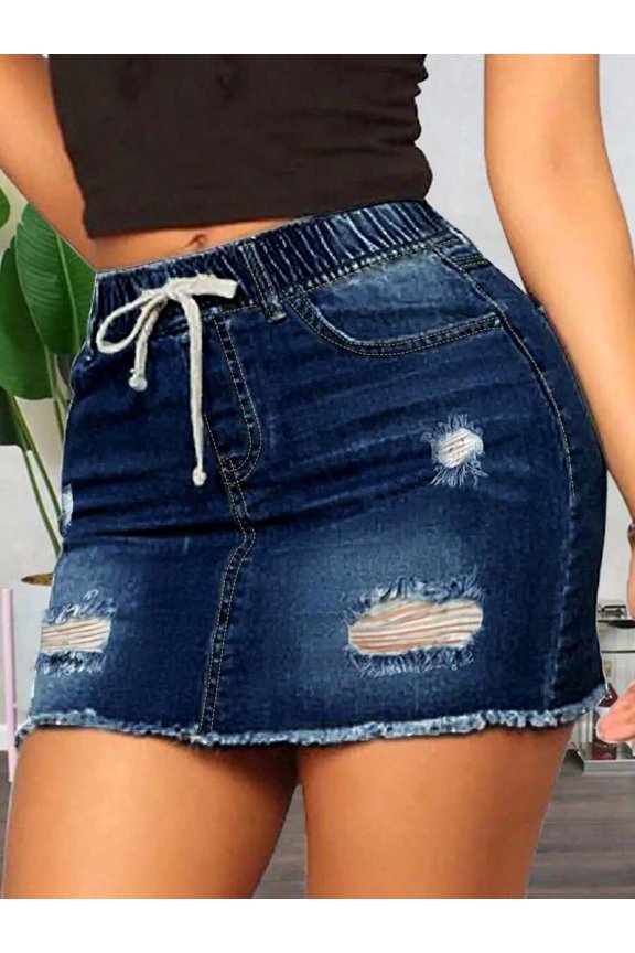 Womens Dark Wash Elastic Waist Denim Mini Skirt With Drawstring, Distressed Rips, Frayed Hem And Front Pockets