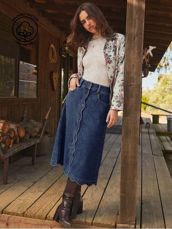 Womens Dark Wash High Waist Scalloped Button-Front Denim A-Line Midi Skirt