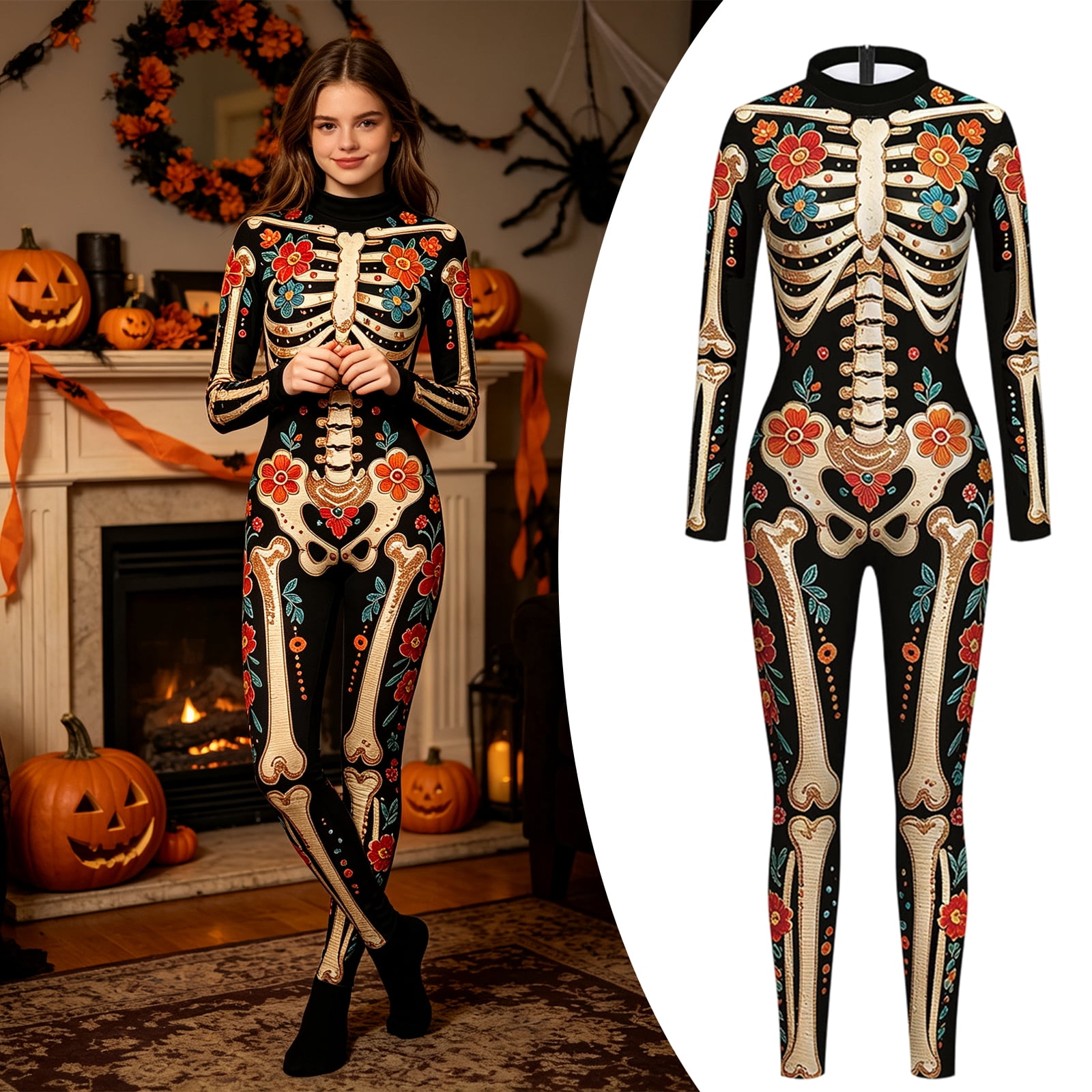 Womens Day of the Dead Sugar Skull Jumpsuit Floral Skeleton Print Halloween Cosplay Bodysuit Long Sleeve Dia De Los Muertos Roleplay Party Outfit Female