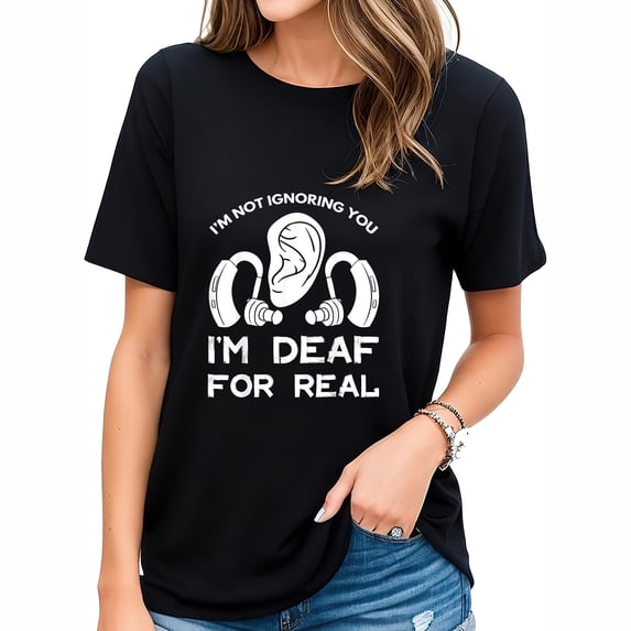 Womens Deaf Awareness Hearing Aid ASL Implant T-Shirt Black