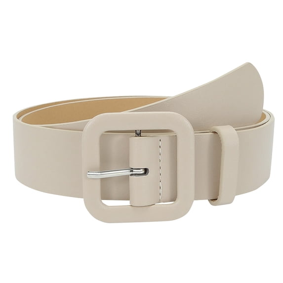 Womens Decorative Wide Belt with Square Covered Buckle – Structured Leather Style Strap for Jeans Pants Dresses and Tunics – Minimalist Casual Waist Belt Beige