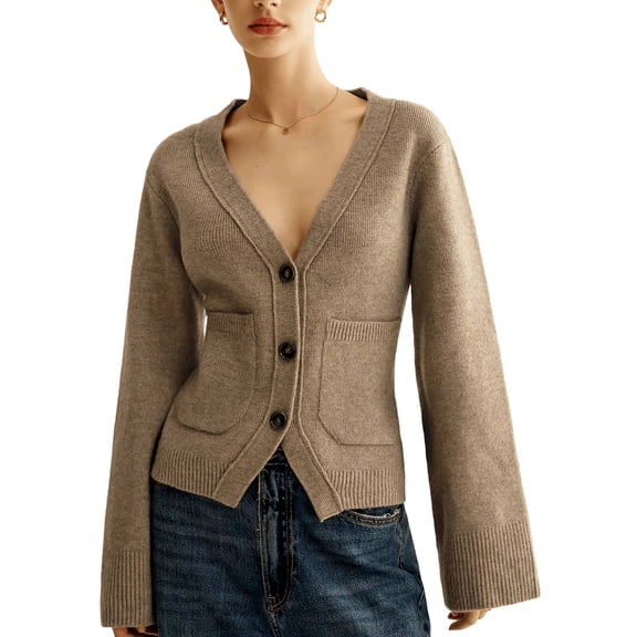 Womens Deep V Neck Cardigan Sweaters Open Front Long Sleeve Cropped Knit Coats with Pockets Camel Color L