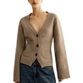 thumbnail image 1 of Womens Deep V Neck Cardigan Sweaters Open Front Long Sleeve Cropped Knit Coats with Pockets Camel Color S, 1 of 10