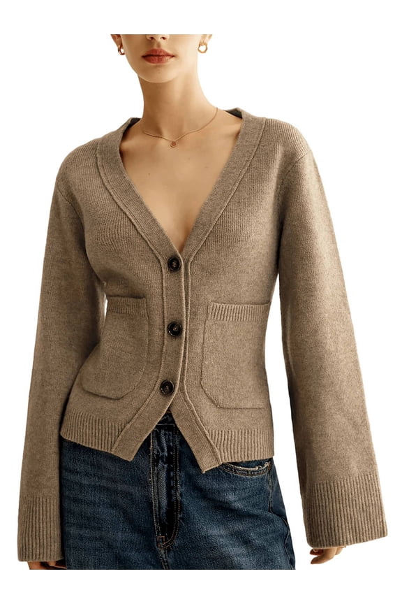 Womens Deep V Neck Cardigan Sweaters Open Front Long Sleeve Cropped Knit Coats with Pockets Camel Color XL