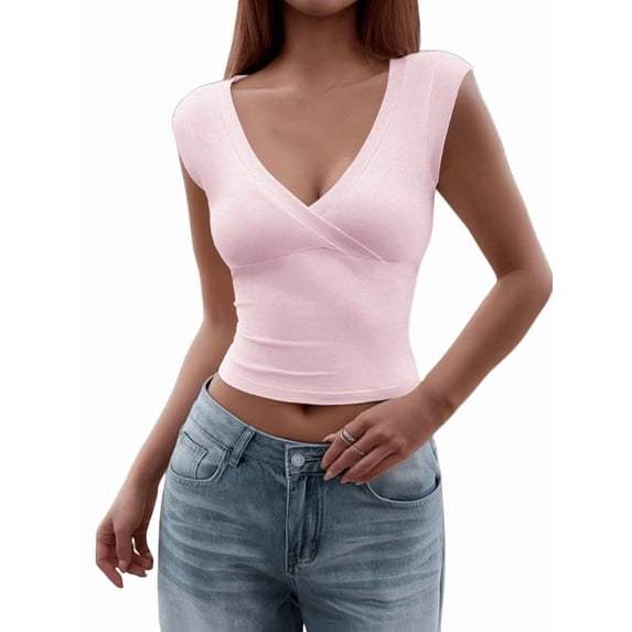 Womens Deep V Neck Crop Tank Tops Going Out Crop Top Sleeveless Slim Fit Y2k Summer Tops Pink L