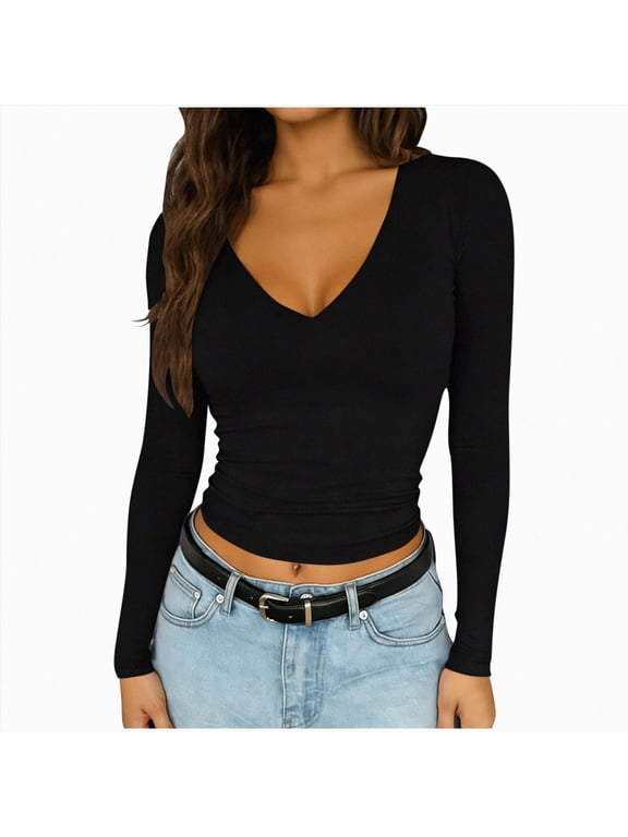 Womens Deep V-Neck Long Sleeve Fitted Top,Soft Basic Tee