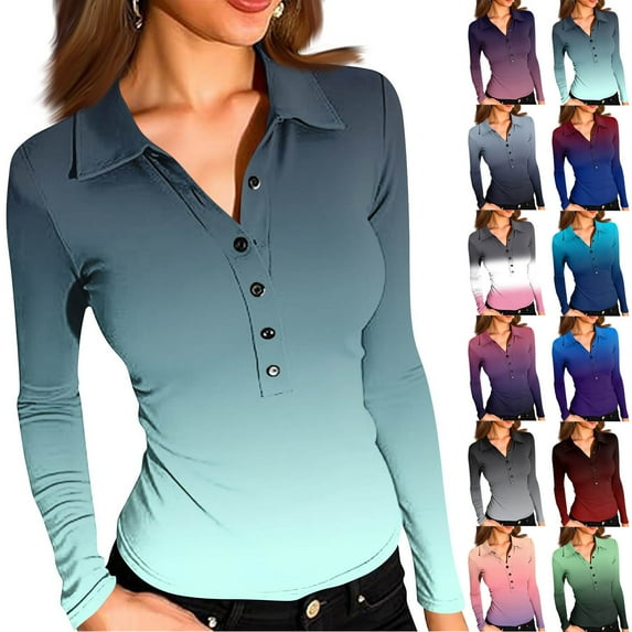 Womens Deep V Neck Long Sleeve Gradient Color Tops Collared Button Down Slim Fitted Polo Shirts Casual Work Tees Wine L
