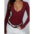 thumbnail image 1 of Womens Deep V Neck Long Sleeve Lined Slim Fit T Shirt Tops Tee, 1 of 4
