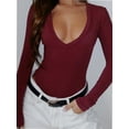 thumbnail image 1 of Womens Deep V Neck Long Sleeve Lined Slim Fit T Shirt Tops Tee, 1 of 4