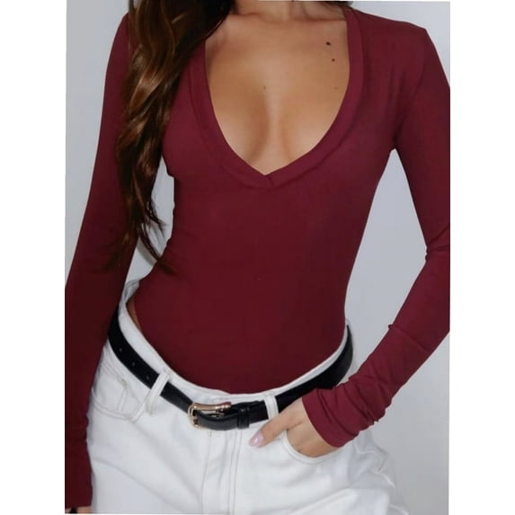 Womens Deep V Neck Long Sleeve Lined Slim Fit T Shirt Tops Tee