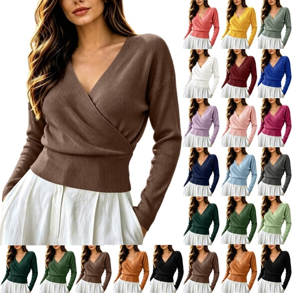 Womens Deep V Neck Long Sleeve Shirts Ruched Wrap Top Slim Fit Cinched Waist, Dressy Casual Blouses for Office Work, Travel Party Date Night Going Out Outfits