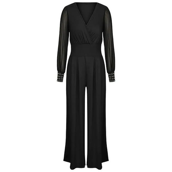 Womens Deep V Neck Mesh Puff Sleeve Jumpsuit Loose Wide Leg Full Length Plus-Size Casual Overall Formal Jumpsuits