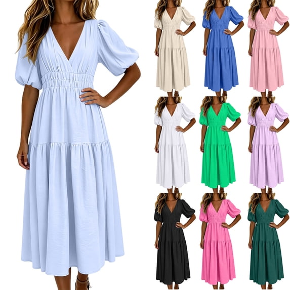Womens Deep V Neck Puff Short Sleeve Tired Maxi Dress Boho Long Flowy Summer Dresses Light Blue XL(XL)