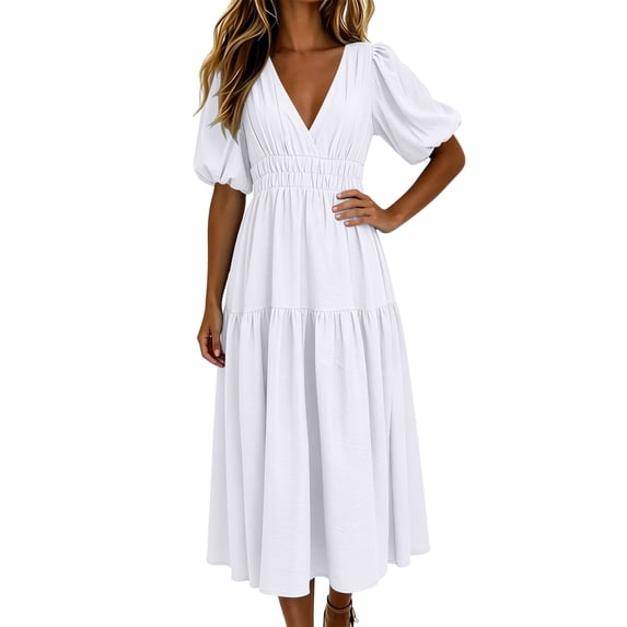 Womens Deep V Neck Puff Short Sleeve Tired Maxi Dress Boho Long Flowy Summer Dresses White XL(XL)