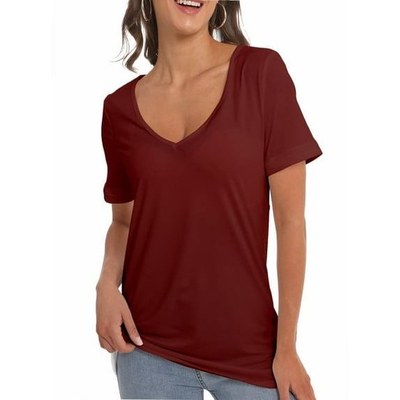 Womens Deep V Neck T Shirts Casual Short Sleeve Loose Fit Basic Fashion Tee