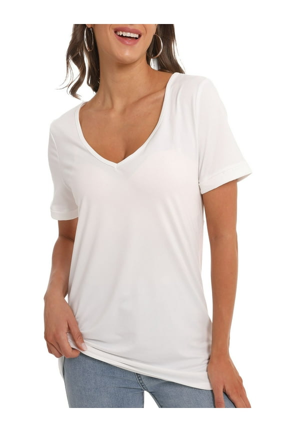 Womens Deep V Neck T Shirts Casual Short Sleeve Loose Fit Basic Fashion Tee