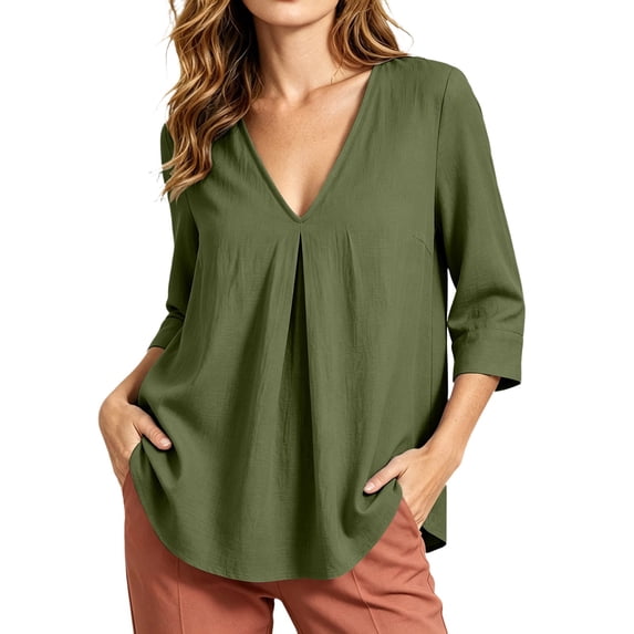 Womens Deep V Neck Top Flowy Swing Shirt, Long Sleeve Shirts for Women Blouses Beach Tops Army Green S(S)