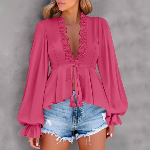 Womens Deep V Neck Tops Ruffled Long Sleeve Floral Print Lace Trim Tie Front Blouses Sexy Casual Lace-up Shirts (XL, Hot Pink|Solid)