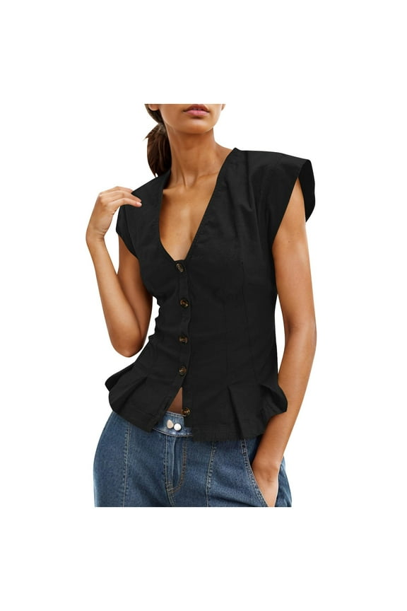 Womens Deep V-Neck Vest Tops Cap Sleeve Cropped Ruffle Shirts Button Up Cotton Fitted Blouse