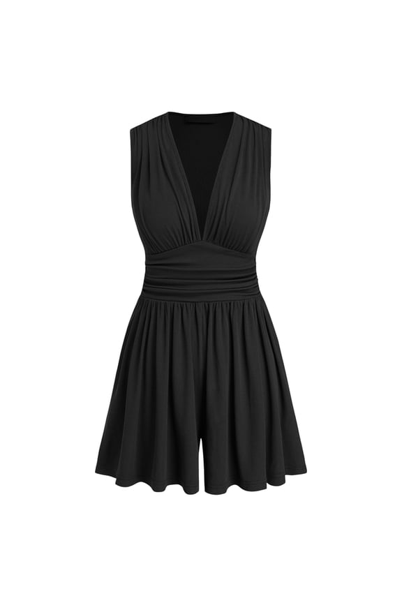 Womens Deep V Neck Wrinkles Jumpsuit Tie Sexy- Plunge Concert Mini Outfit Black XL