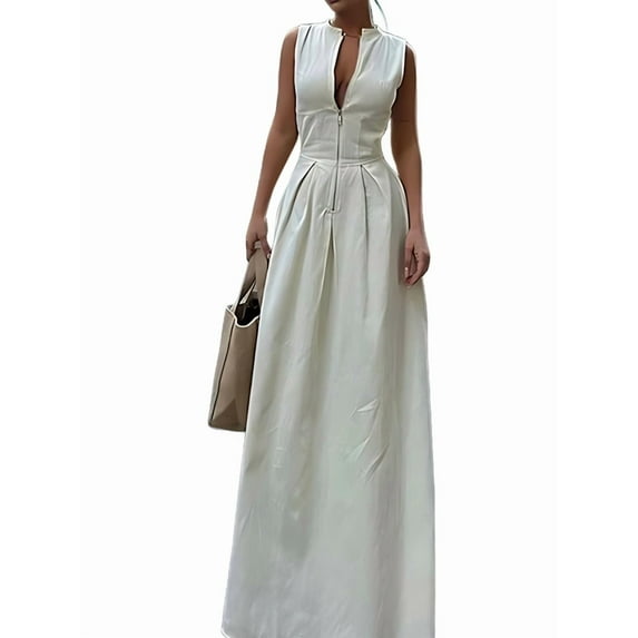 Womens Deep V Neck Zip Up Cap Sleeve Smocked Elastic Waist Split Summer Casual Midi Dress with Pockets Cream White L