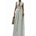 thumbnail image 1 of Womens Deep V Neck Zip Up Cap Sleeve Smocked Elastic Waist Split Summer Casual Midi Dress with Pockets Cream White M, 1 of 8