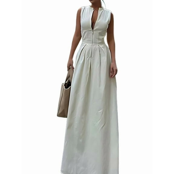 Womens Deep V Neck Zip Up Cap Sleeve Smocked Elastic Waist Split Summer Casual Midi Dress with Pockets Cream White S