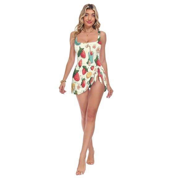 Womens Delicious Strawberry Pattern Print 2-in-1 Swim Dress Detachable Skirt One-Piece Swimsuit Square Neck S-XXL