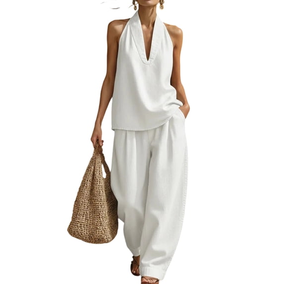 Womens Denim 2 Piece Sets Sleeveless Halter Top Wide Leg Pants Matching Lounge Sets Airport Beach Vacation Clothes