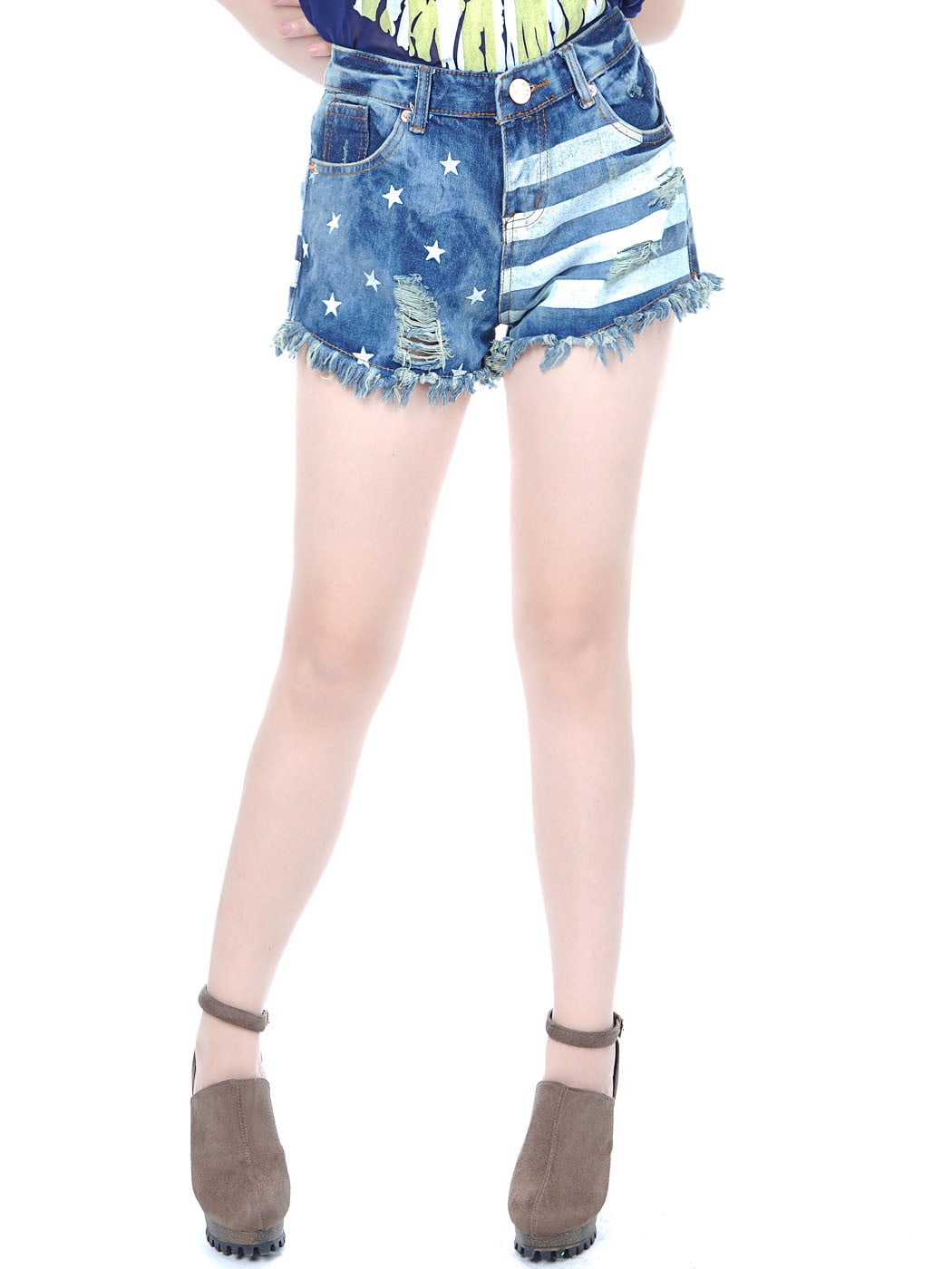 Womens Denim Acid Wash Faded Patriotic America Stars Stripes Shorts