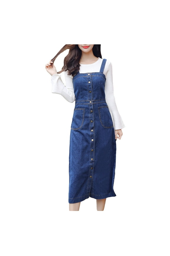 Womens Denim Bib Dresses with Pockets Sleeveless Summer Blue Dress Midi Length Button Down Sun Dress