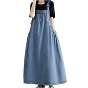Womens Denim Bib Overall Dress Casual Loose Summer Sleeveless Adjustable Jean Jumper Maxi Dresses with Pockets