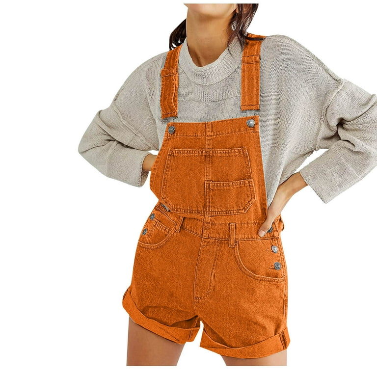 Womens Denim Bib Overall Jean Shorts Adjustable Strap Pockets