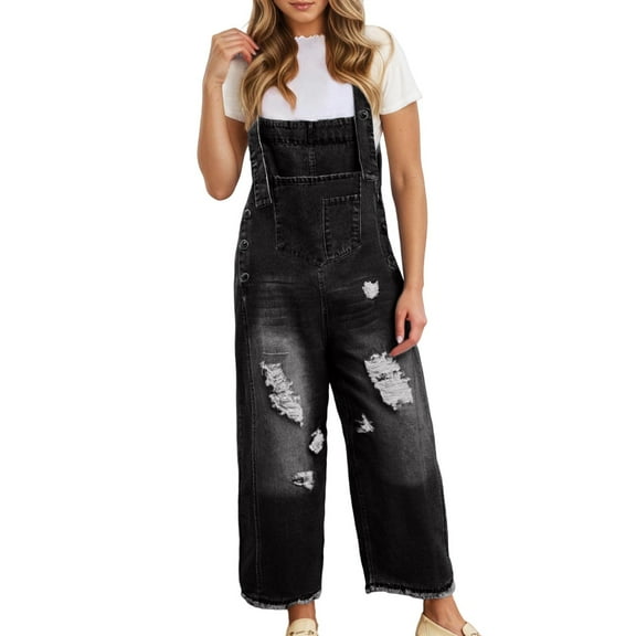 Womens Denim Bib Overalls Barrel Leg Adjustable Strap Jean Pants Jumpsuits with Pockets,Black,XXL
