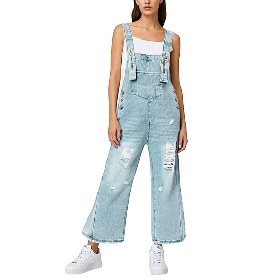 Womens Denim Bib Overalls Barrel Leg Adjustable Strap Jean Pants Jumpsuits with Pockets,Blue,M