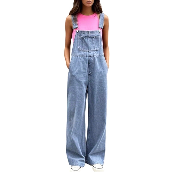Womens Denim Bib Overalls Barrel Leg Adjustable Strap Jean Pants Jumpsuits with Pockets,Blue,XL