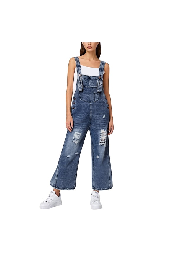 Womens Denim Bib Overalls Barrel Leg Adjustable Strap Jean Pants Jumpsuits with Pockets,Dark Blue,S