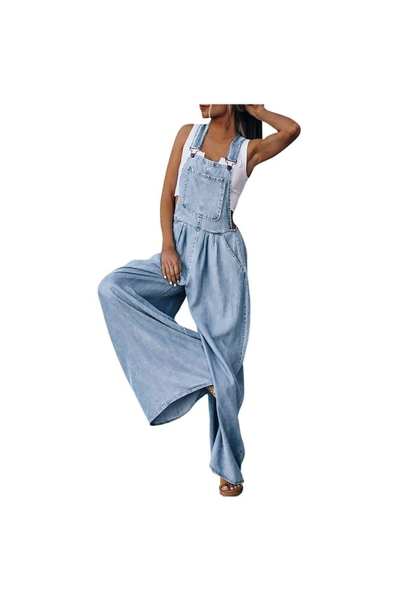 Womens Denim Bib Overalls Casual Adjustable Strap Baggy Wide Leg Jeans Jumpsuits Distressed Daily Summer Romper