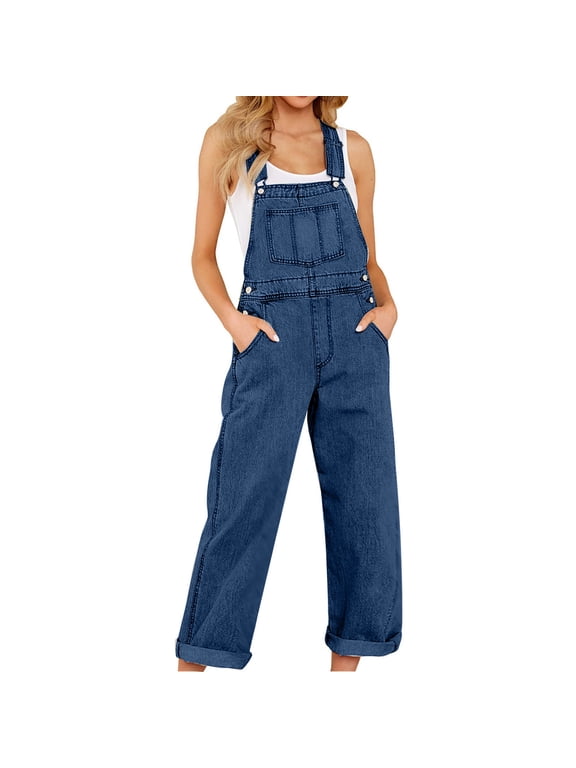 Womens Denim Bib Overalls Classic Adjustable Straps Jeans Pants Pocket Jumpsuit Denim Dungarees Baggy Loose Fit Overall Suspender Straight Leg Long Playsuit Trousers