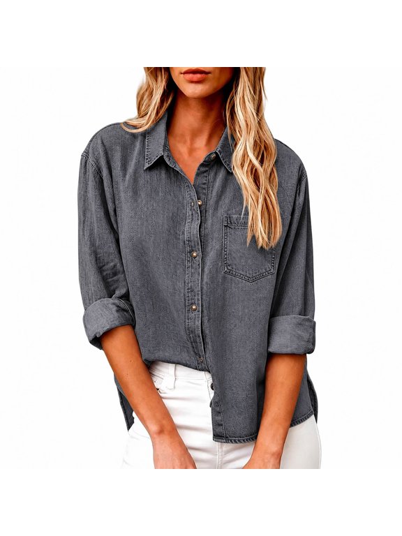 Womens Denim Button Down Shirt Long Sleeve Collared Chambray Top Classic Casual Blouse for Work and Weekend, Light Wash Jean Shirt, Sizes S-2XL