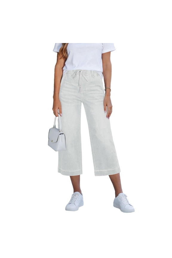Womens Denim Capris Wide Leg Pants Drawstring Elastic High Waist Jeans Casual Loose Going Out Summer Cropped Pants with Pockets
